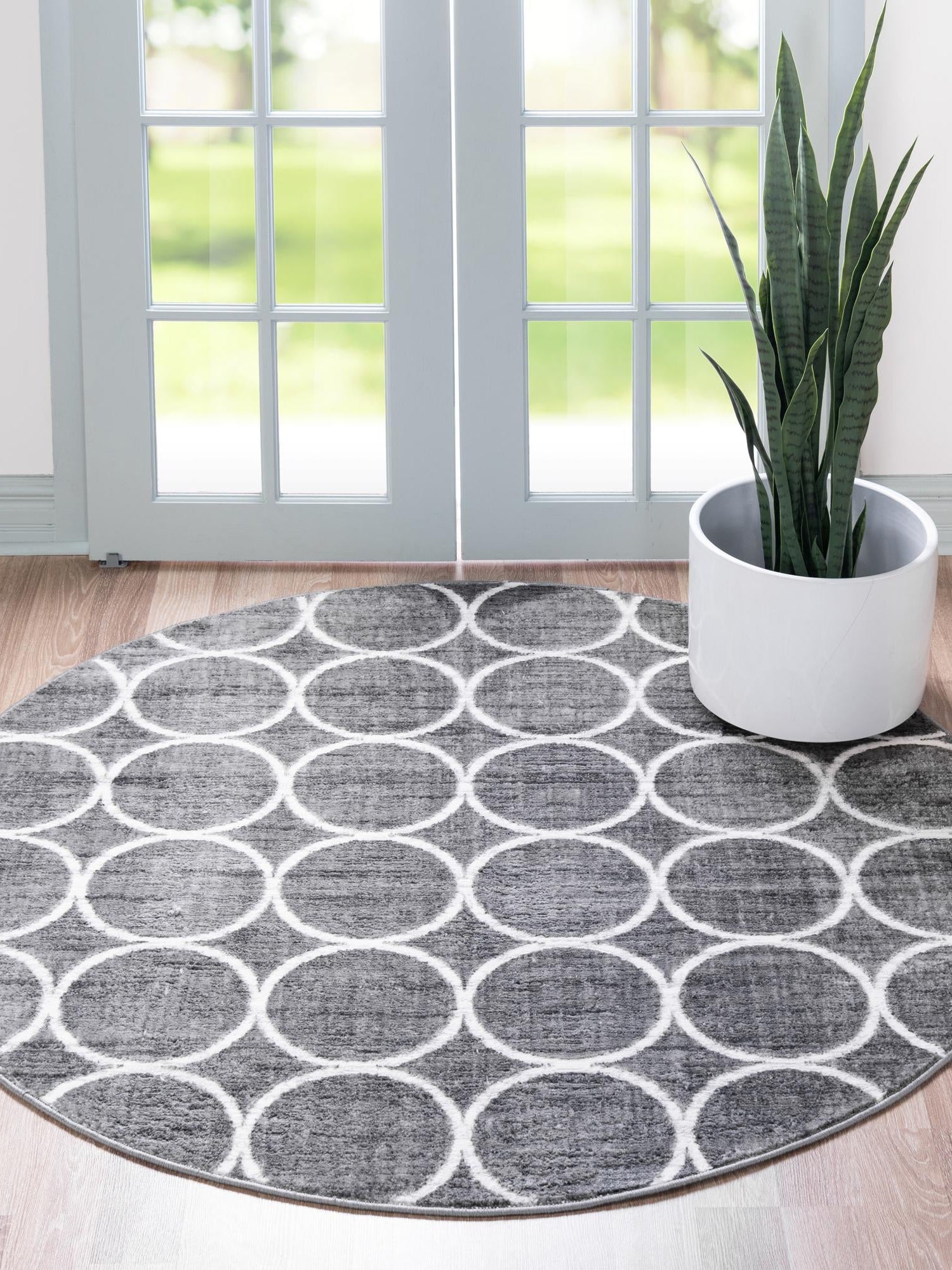Gray 3' 3 x 3' 3 Matrix Trellis Round Area Rug 100% Polyester Geometric Pattern Modern Carpet for Living, Dining, Bedroom, Office for Sale at Rug Engine