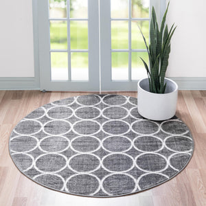 Gray 5' x 5' Matrix Trellis Round Area Rug 100% Polyester Geometric Pattern Modern Carpet for Living, Dining, Bedroom, Office for Sale at Rug Engine