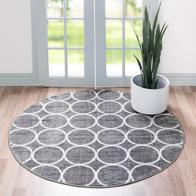 Gray 5' x 5' Matrix Trellis Round Area Rug 100% Polyester Geometric Pattern Modern Carpet for Living, Dining, Bedroom, Office for Sale at Rug Engine