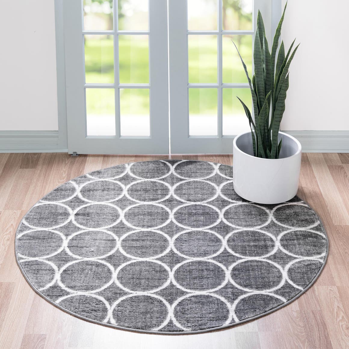 Gray 10' x 10' Matrix Trellis Round Area Rug 100% Polyester Geometric Pattern Modern Carpet for Living, Dining, Bedroom, Office for Sale at Rug Engine