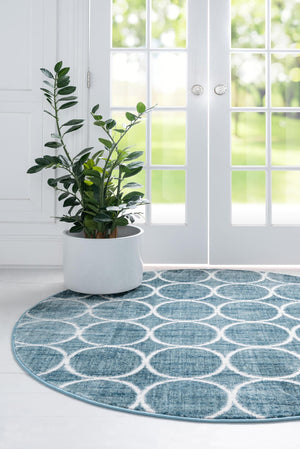 Blue 8' x 8' Matrix Trellis Round Area Rug 100% Polyester Geometric Pattern Modern Carpet for Living, Dining, Bedroom, Office for Sale at Rug Engine