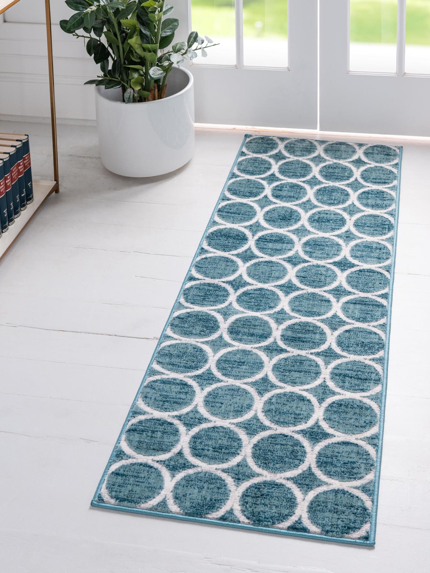 Blue 2' 11 x 19' 8 Matrix Trellis Runner Area Rug 100% Polyester Geometric Pattern Modern Carpet for Living, Dining, Bedroom, Office for Sale at Rug Engine