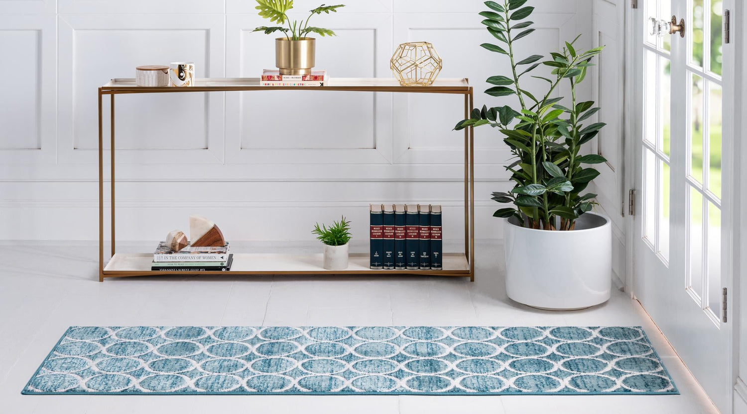 Blue 2' 7 x 16' 5 Matrix Trellis Runner Area Rug 100% Polyester Geometric Pattern Modern Carpet for Living, Dining, Bedroom, Office for Sale at Rug Engine