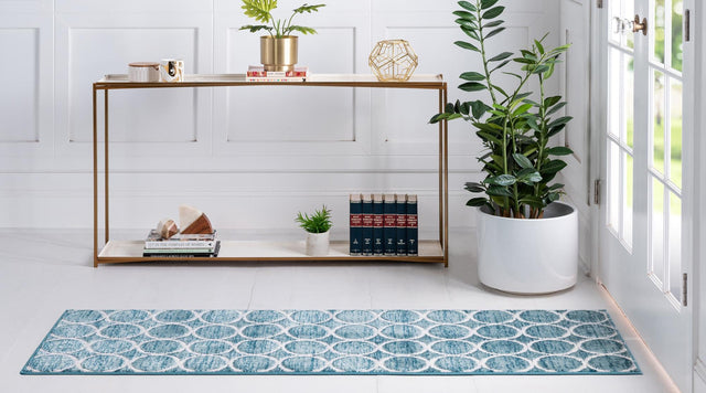 Blue 2' 7 x 16' 5 Matrix Trellis Runner Area Rug 100% Polyester Geometric Pattern Modern Carpet for Living, Dining, Bedroom, Office for Sale at Rug Engine