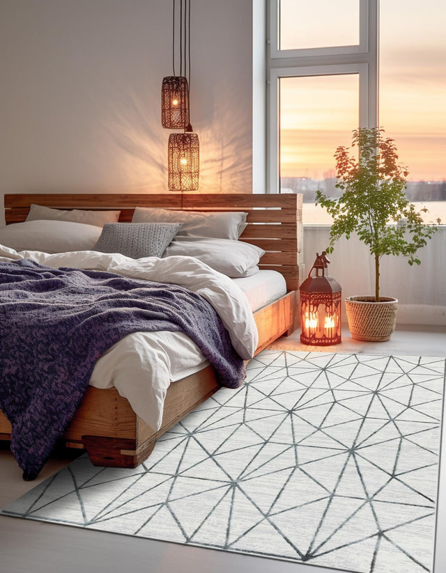 White 6' 1 x 9' Matrix Trellis Rectangle Area Rug 100% Polyester Geometric Pattern Modern Carpet for Living, Dining, Bedroom, Office for Sale at Rug Engine