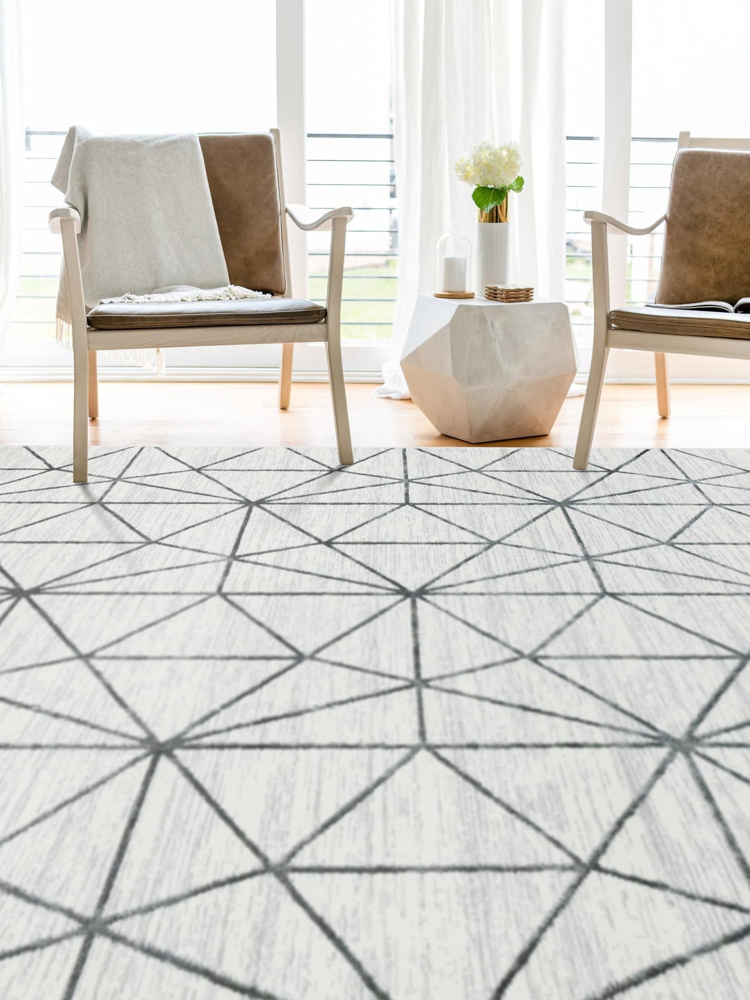 White 4' 1 x 6' 1 Matrix Trellis Rectangle Area Rug 100% Polyester Geometric Pattern Modern Carpet for Living, Dining, Bedroom, Office for Sale at Rug Engine