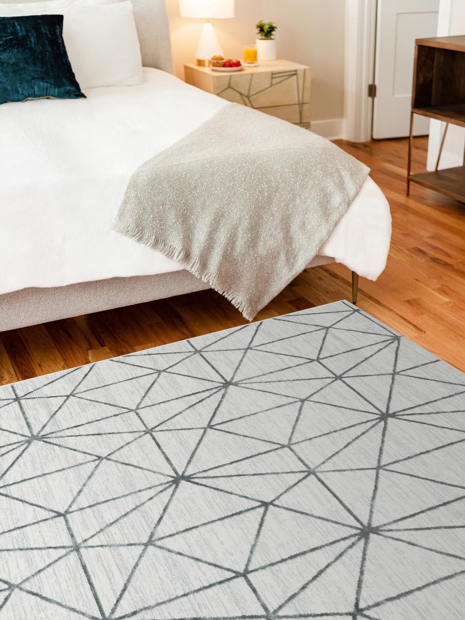 White 4' 1 x 6' 1 Matrix Trellis Rectangle Area Rug 100% Polyester Geometric Pattern Modern Carpet for Living, Dining, Bedroom, Office for Sale at Rug Engine