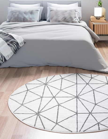 White 7' x 7' Matrix Trellis Round Area Rug 100% Polyester Geometric Pattern Modern Carpet for Living, Dining, Bedroom, Office for Sale at Rug Engine