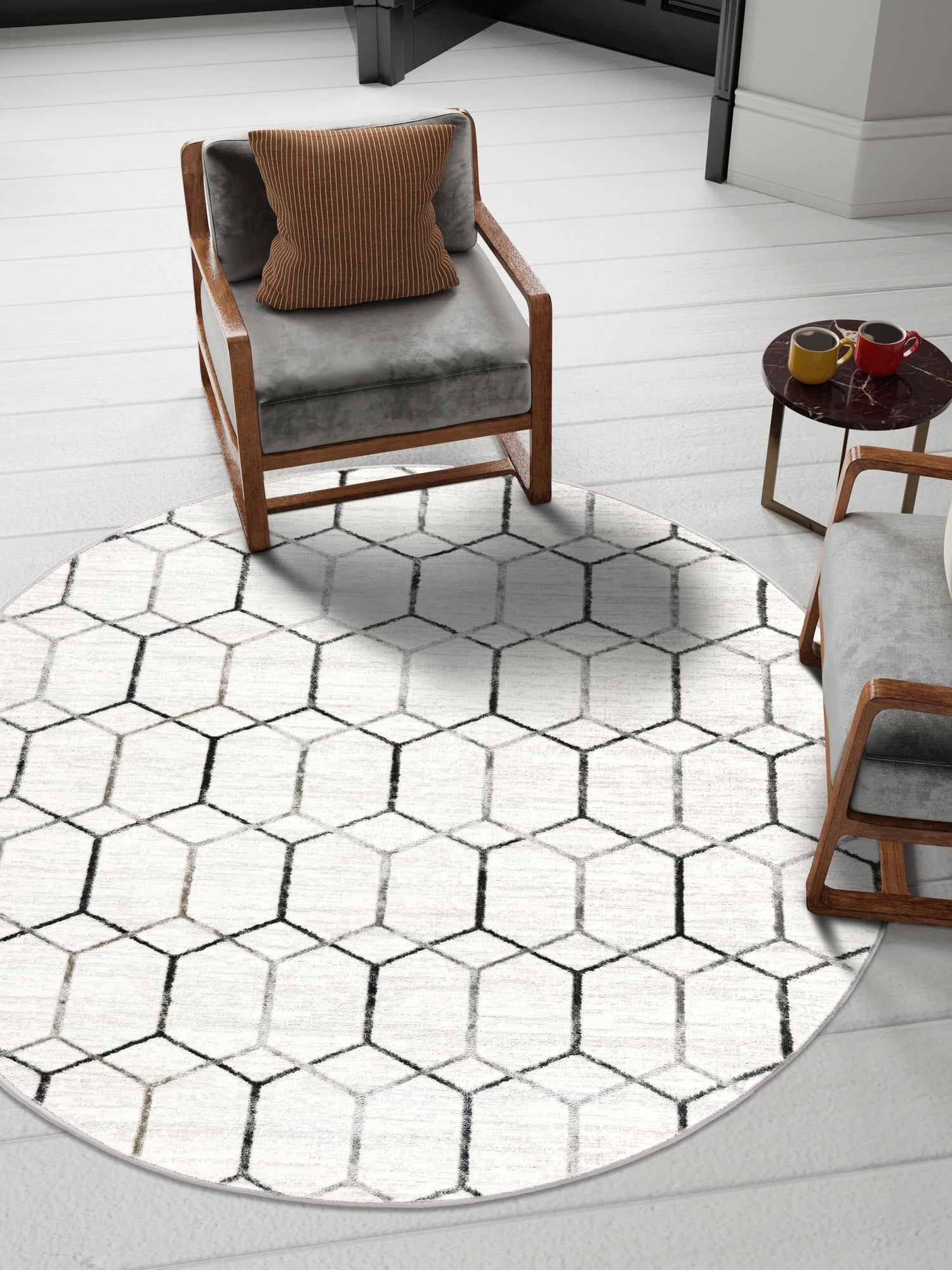 White 7' x 7' Matrix Trellis Round Area Rug 100% Polyester Geometric Pattern Modern Carpet for Living, Dining, Bedroom, Office for Sale at Rug Engine