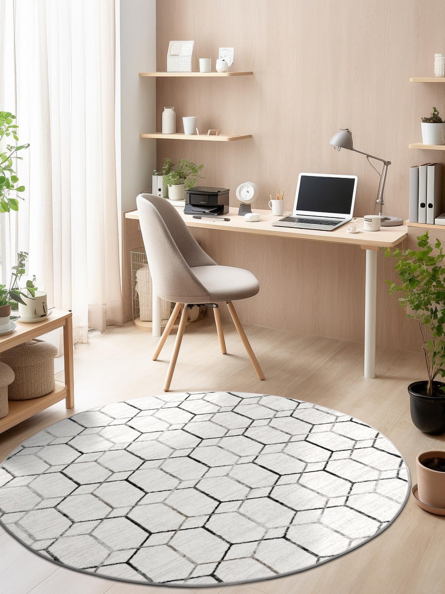 White 8' x 8' Matrix Trellis Round Area Rug 100% Polyester Geometric Pattern Modern Carpet for Living, Dining, Bedroom, Office for Sale at Rug Engine