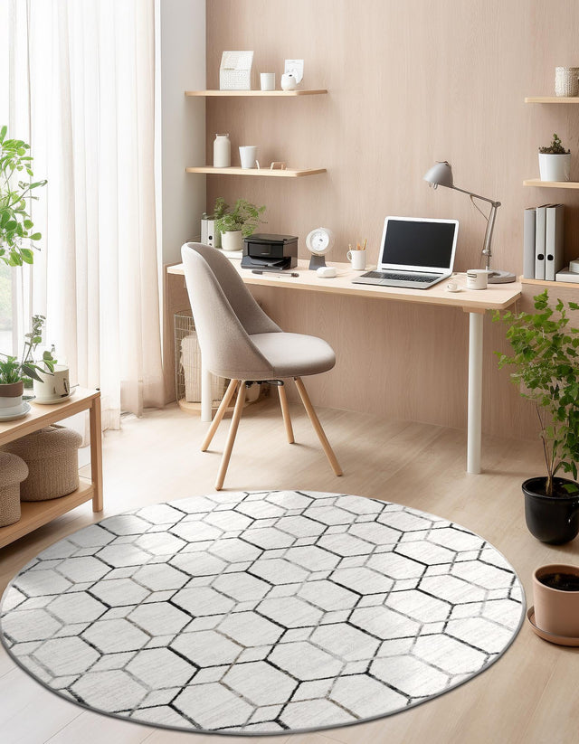 White 7' x 7' Matrix Trellis Round Area Rug 100% Polyester Geometric Pattern Modern Carpet for Living, Dining, Bedroom, Office for Sale at Rug Engine