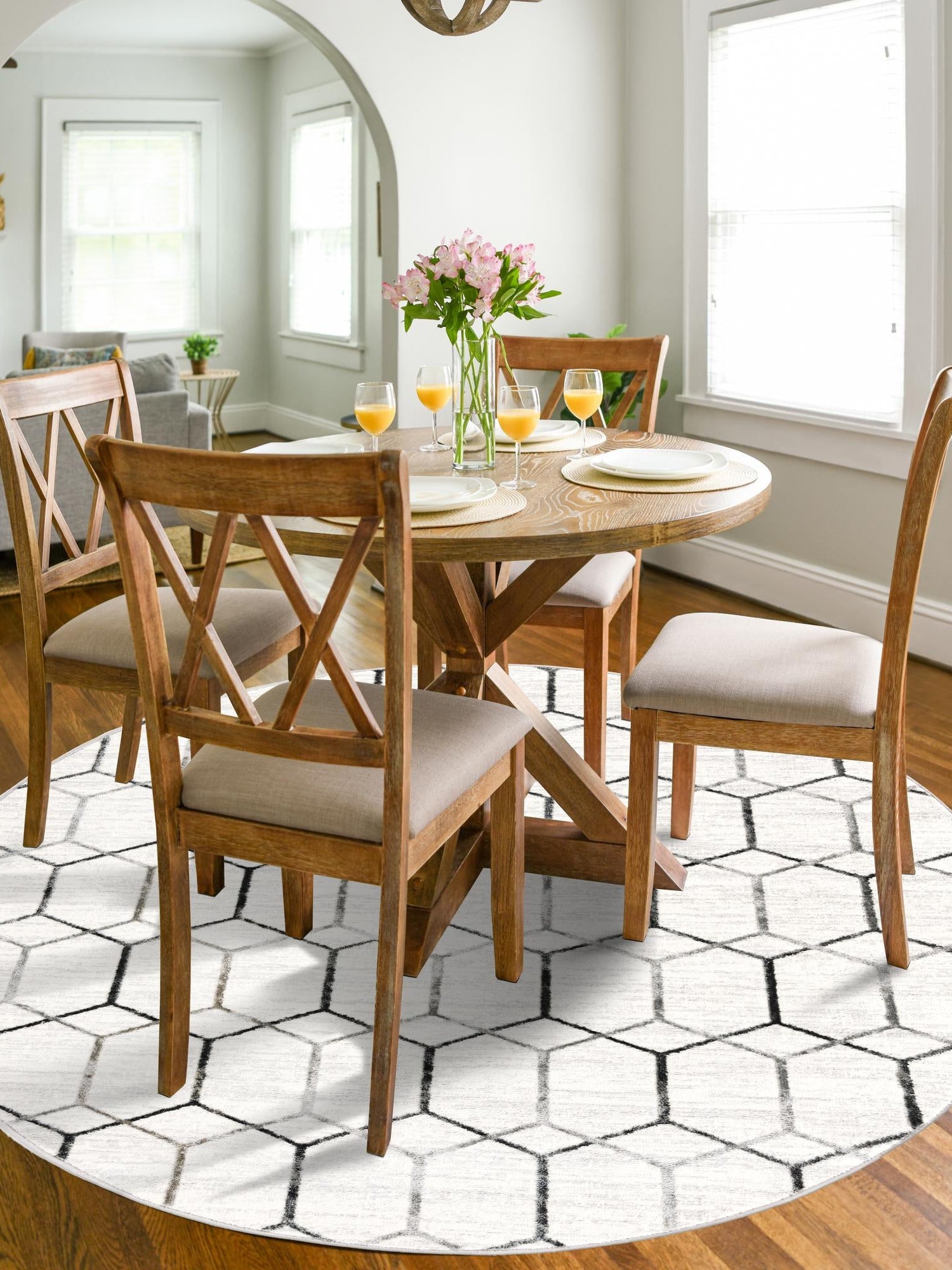 White 7' x 7' Matrix Trellis Round Area Rug 100% Polyester Geometric Pattern Modern Carpet for Living, Dining, Bedroom, Office for Sale at Rug Engine