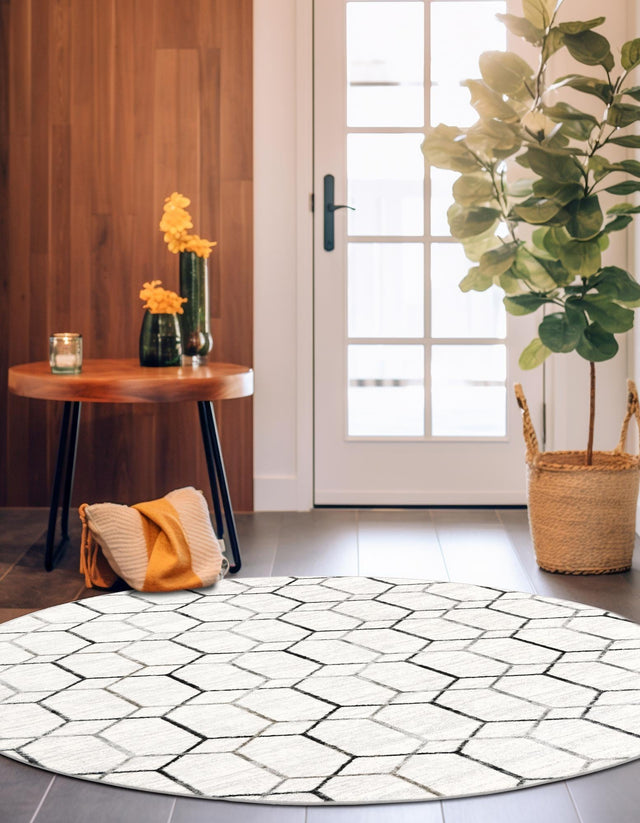 White 7' x 7' Matrix Trellis Round Area Rug 100% Polyester Geometric Pattern Modern Carpet for Living, Dining, Bedroom, Office for Sale at Rug Engine