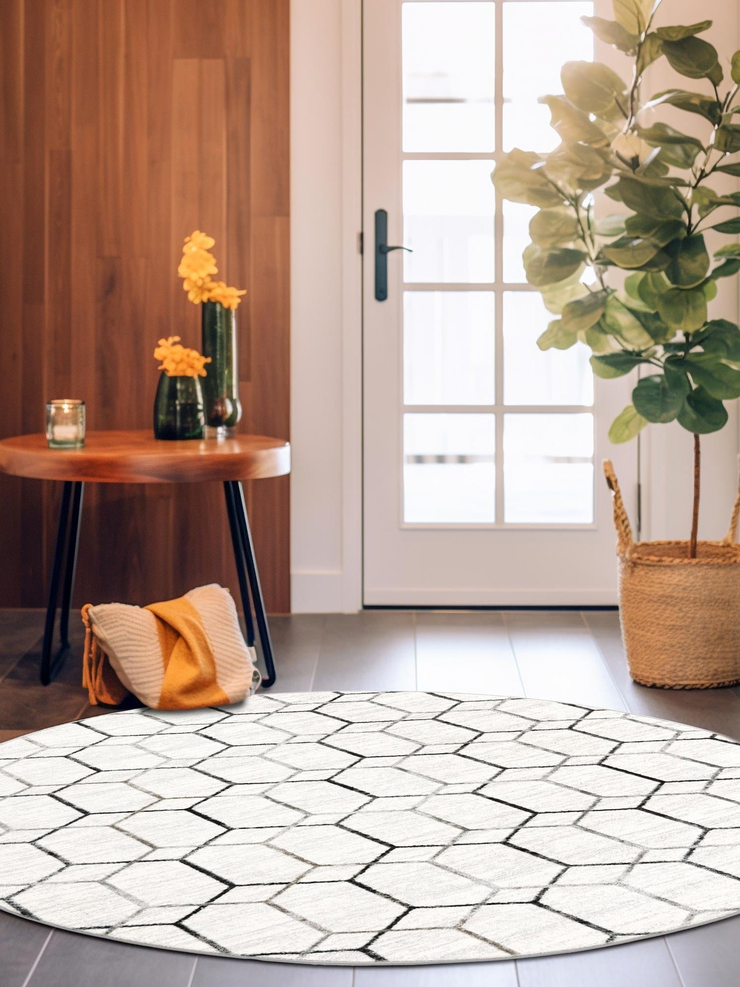 White 3' 3 x 3' 3 Matrix Trellis Round Area Rug 100% Polyester Geometric Pattern Modern Carpet for Living, Dining, Bedroom, Office for Sale at Rug Engine