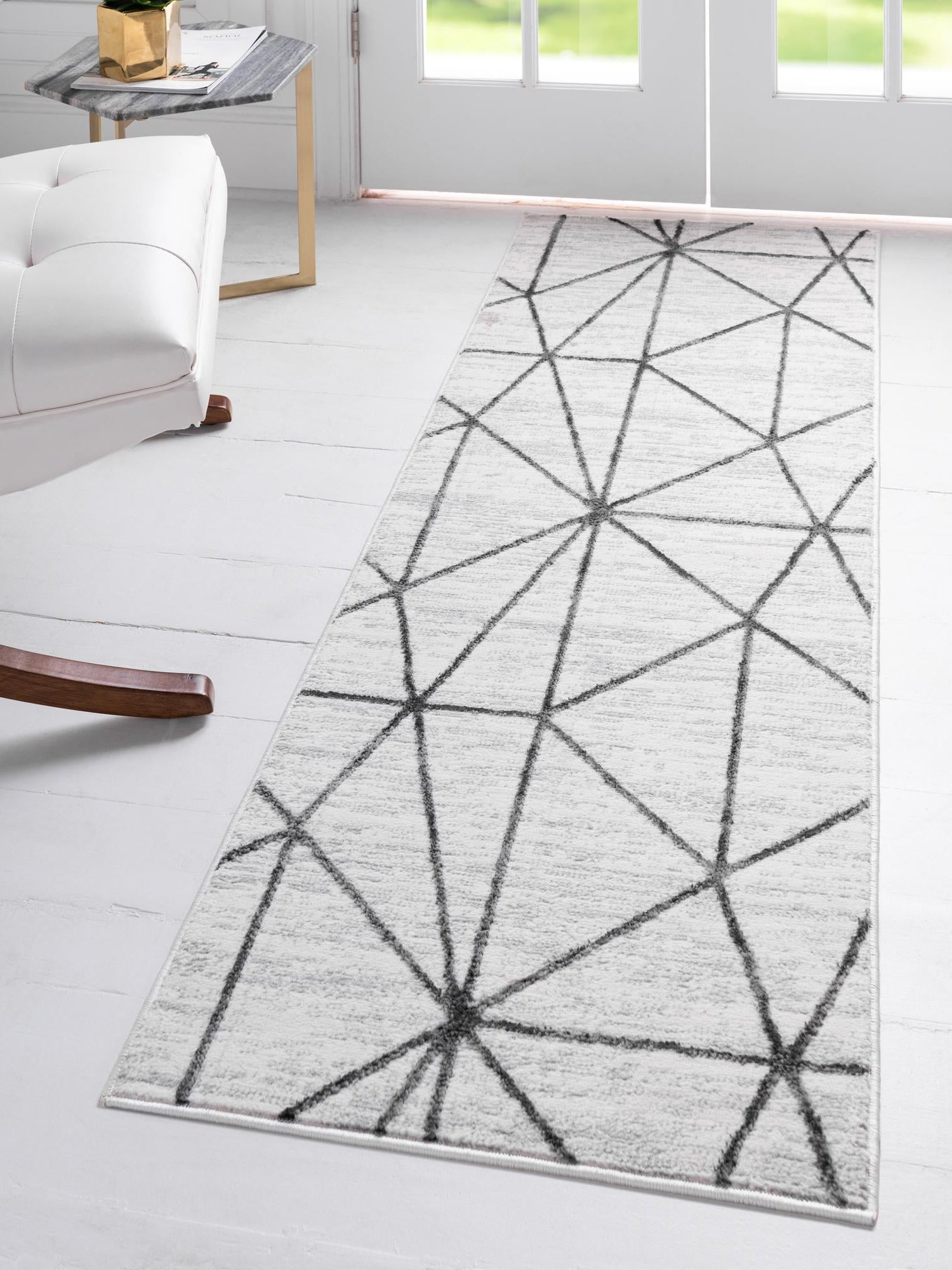 White 3' x 10' Matrix Trellis Runner Area Rug 100% Polyester Geometric Pattern Modern Carpet for Living, Dining, Bedroom, Office for Sale at Rug Engine