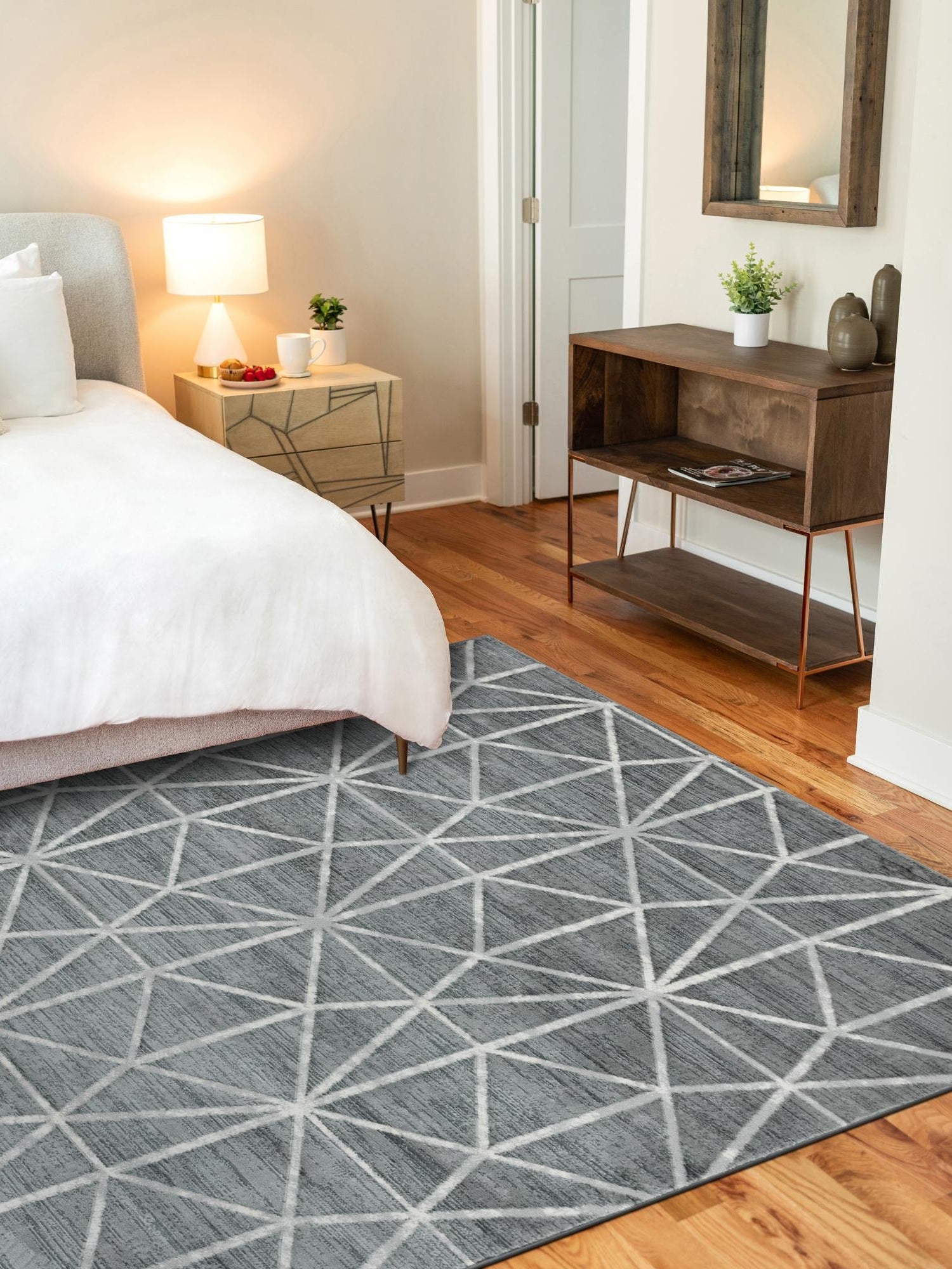 Gray 7' x 10' Matrix Trellis Rectangle Area Rug 100% Polyester Geometric Pattern Modern Carpet for Living, Dining, Bedroom, Office for Sale at Rug Engine