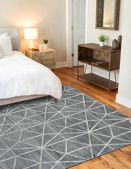 Gray 7' x 10' Matrix Trellis Rectangle Area Rug 100% Polyester Geometric Pattern Modern Carpet for Living, Dining, Bedroom, Office for Sale at Rug Engine
