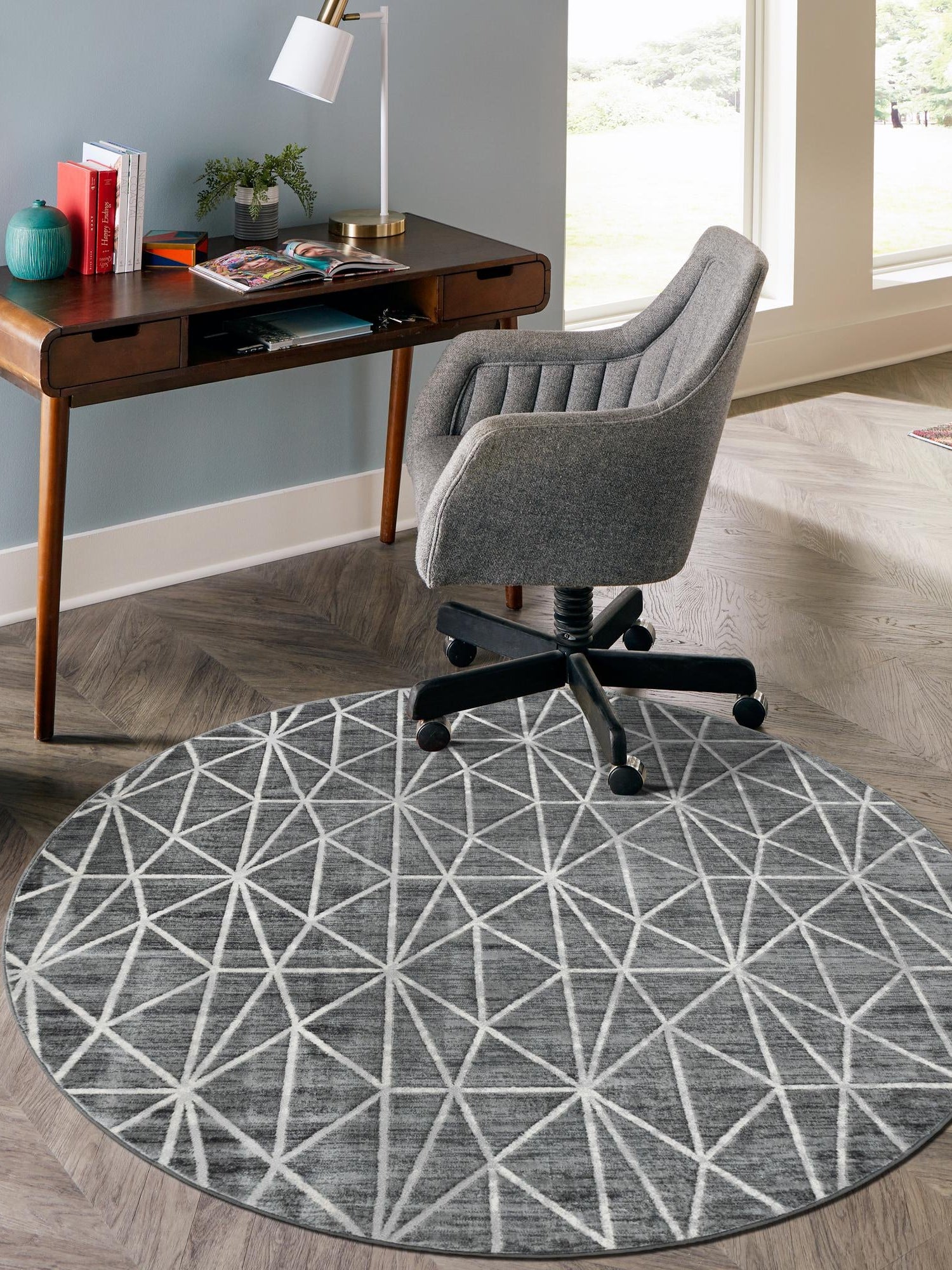 Gray 7' x 7' Matrix Trellis Round Area Rug 100% Polyester Geometric Pattern Modern Carpet for Living, Dining, Bedroom, Office for Sale at Rug Engine