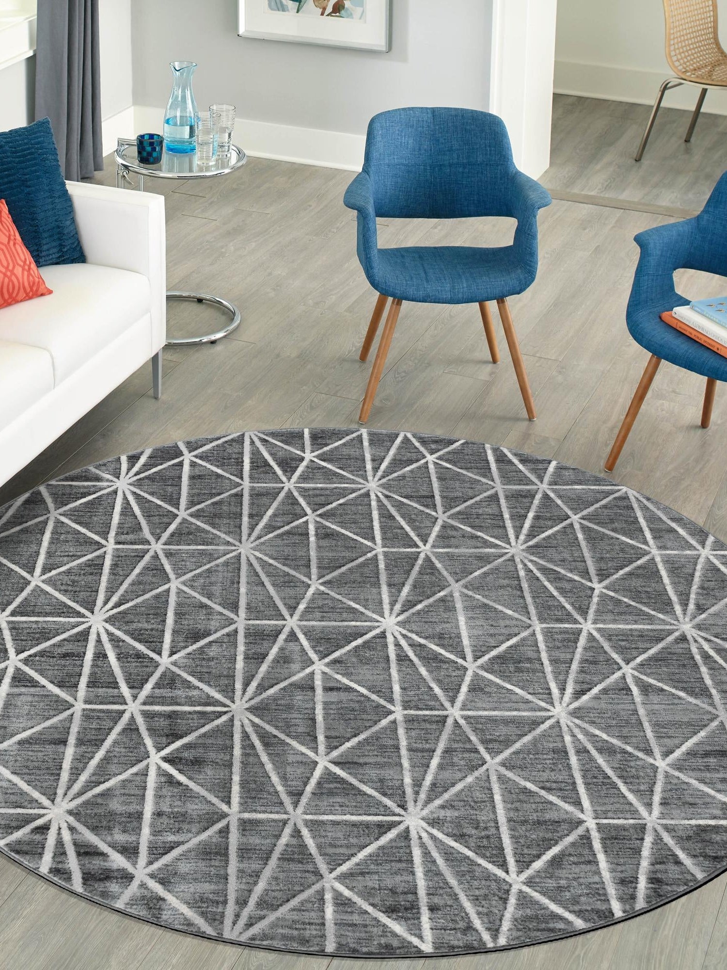 Gray 8' x 8' Matrix Trellis Round Area Rug 100% Polyester Geometric Pattern Modern Carpet for Living, Dining, Bedroom, Office for Sale at Rug Engine