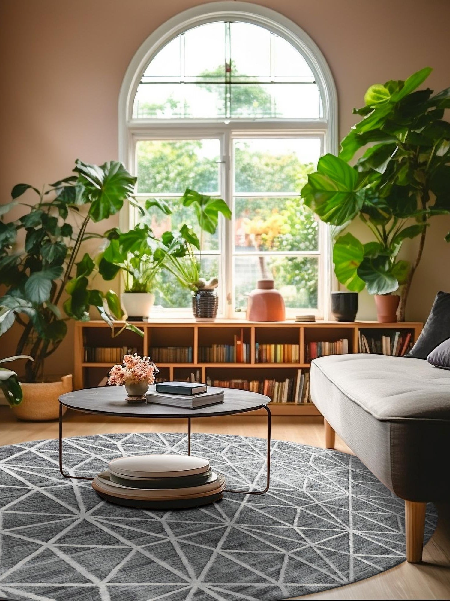 Gray 5' 1 x 5' 1 Matrix Trellis Round Area Rug 100% Polyester Geometric Pattern Modern Carpet for Living, Dining, Bedroom, Office for Sale at Rug Engine