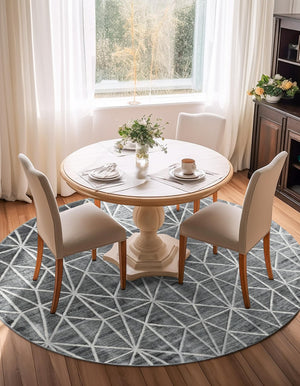 Gray 7' x 7' Matrix Trellis Round Area Rug 100% Polyester Geometric Pattern Modern Carpet for Living, Dining, Bedroom, Office for Sale at Rug Engine