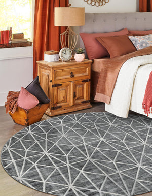 Gray 8' x 8' Matrix Trellis Round Area Rug 100% Polyester Geometric Pattern Modern Carpet for Living, Dining, Bedroom, Office for Sale at Rug Engine
