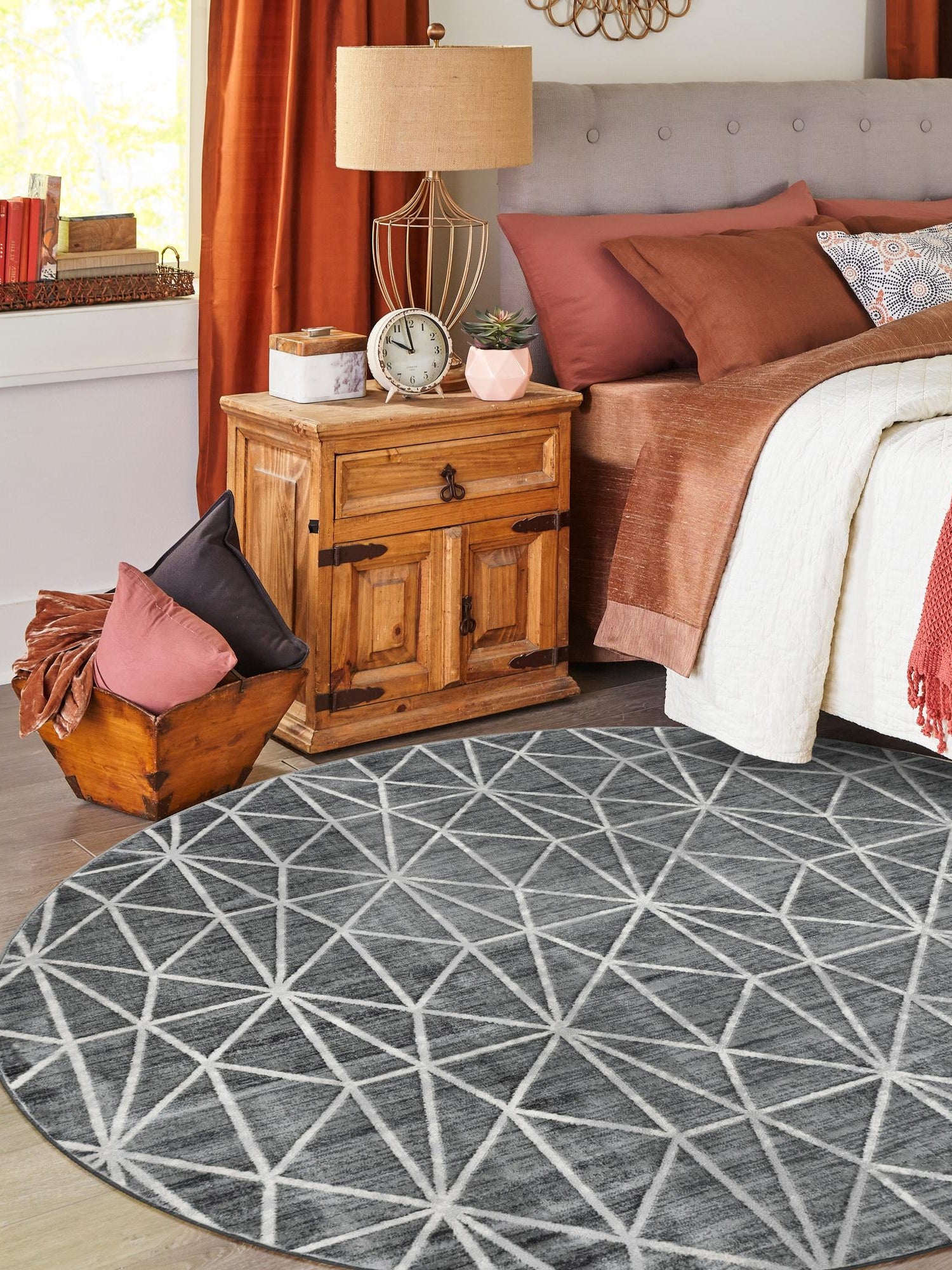 Gray 5' 1 x 5' 1 Matrix Trellis Round Area Rug 100% Polyester Geometric Pattern Modern Carpet for Living, Dining, Bedroom, Office for Sale at Rug Engine