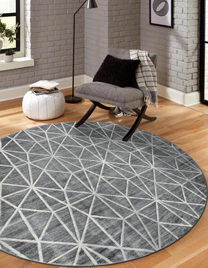 Gray 8' x 8' Matrix Trellis Round Area Rug 100% Polyester Geometric Pattern Modern Carpet for Living, Dining, Bedroom, Office for Sale at Rug Engine