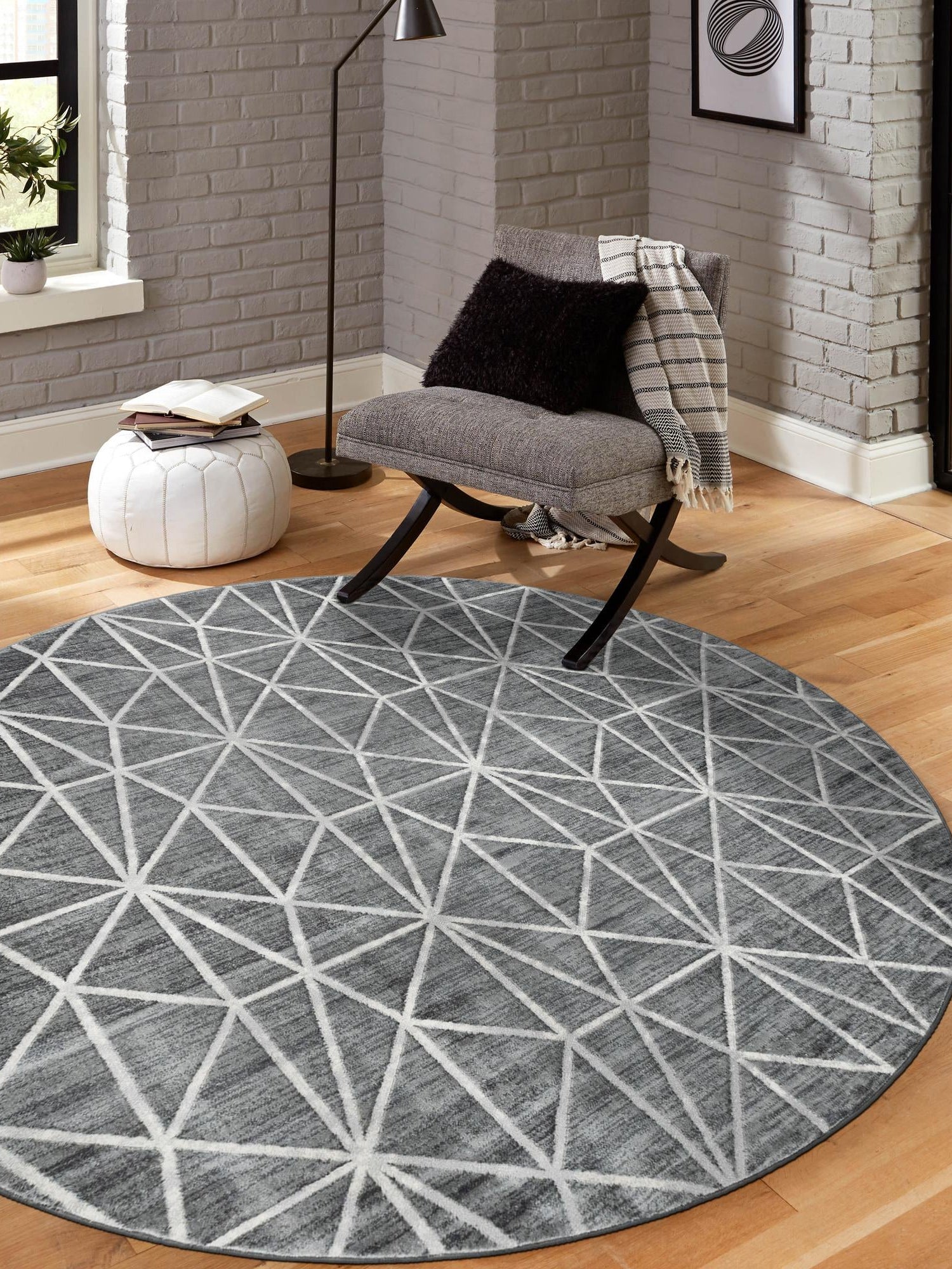 Gray 5' 1 x 5' 1 Matrix Trellis Round Area Rug 100% Polyester Geometric Pattern Modern Carpet for Living, Dining, Bedroom, Office for Sale at Rug Engine