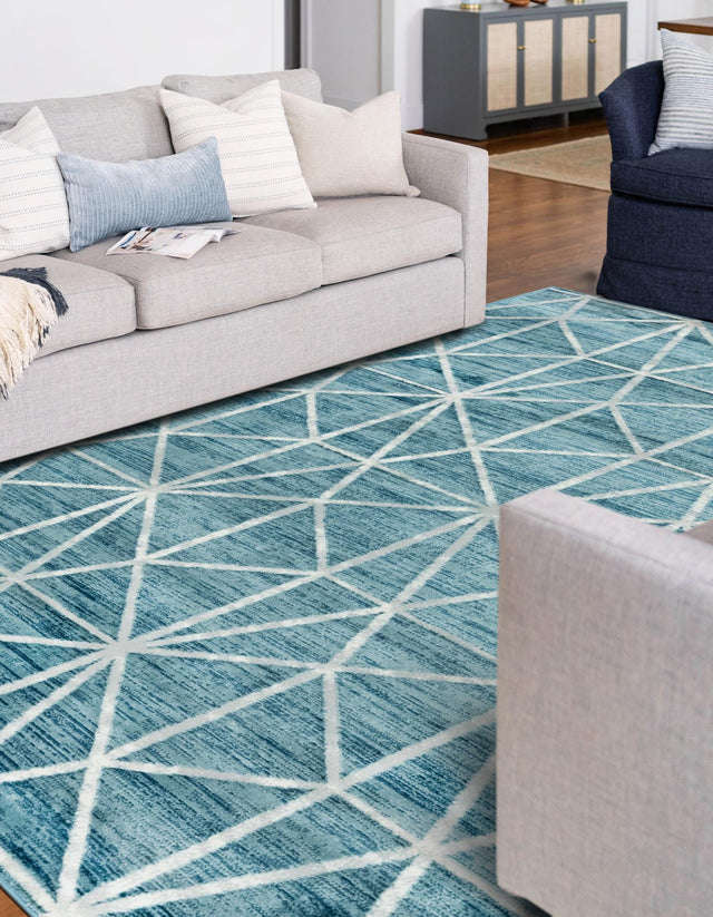 Blue 8' x 10' Matrix Trellis Rectangle Area Rug 100% Polyester Geometric Pattern Modern Carpet for Living, Dining, Bedroom, Office for Sale at Rug Engine