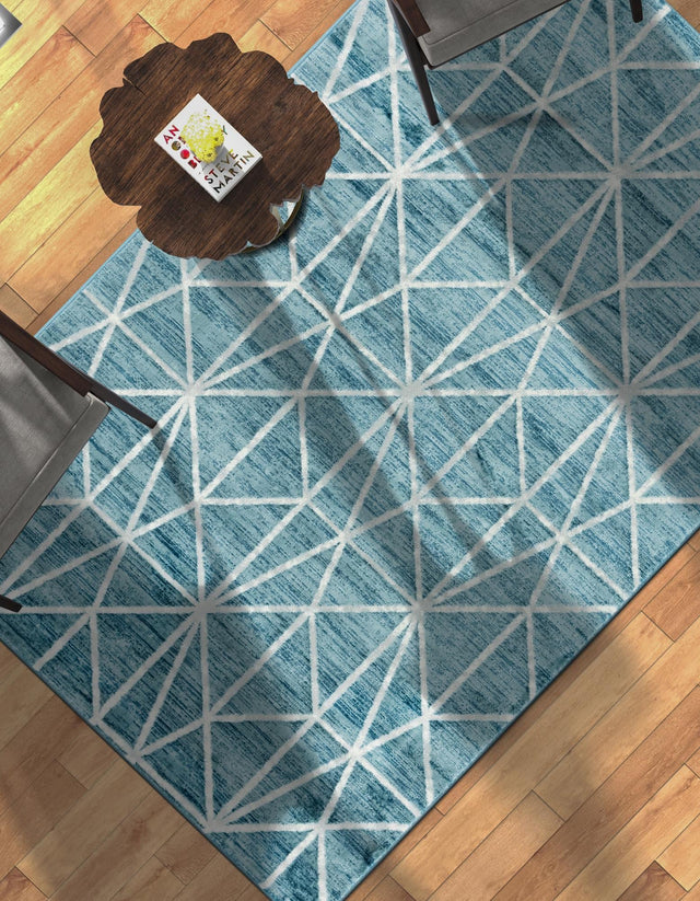 Blue 4' x 6' Matrix Trellis Rectangle Area Rug 100% Polyester Geometric Pattern Modern Carpet for Living, Dining, Bedroom, Office for Sale at Rug Engine