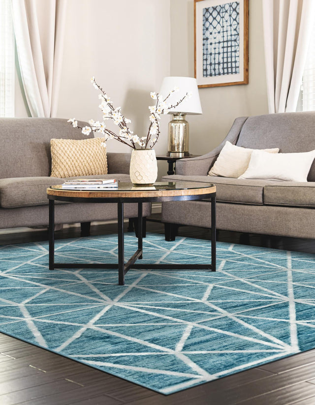 Blue 6' 1 x 9' Matrix Trellis Rectangle Area Rug 100% Polyester Geometric Pattern Modern Carpet for Living, Dining, Bedroom, Office for Sale at Rug Engine