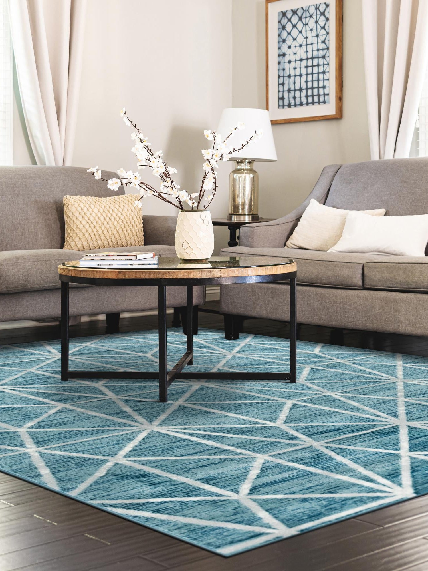 Blue 4' x 6' Matrix Trellis Rectangle Area Rug 100% Polyester Geometric Pattern Modern Carpet for Living, Dining, Bedroom, Office for Sale at Rug Engine