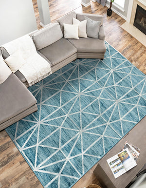 Blue 9' 10 x 14' 1 Matrix Trellis Rectangle Area Rug 100% Polyester Geometric Pattern Modern Carpet for Living, Dining, Bedroom, Office for Sale at Rug Engine