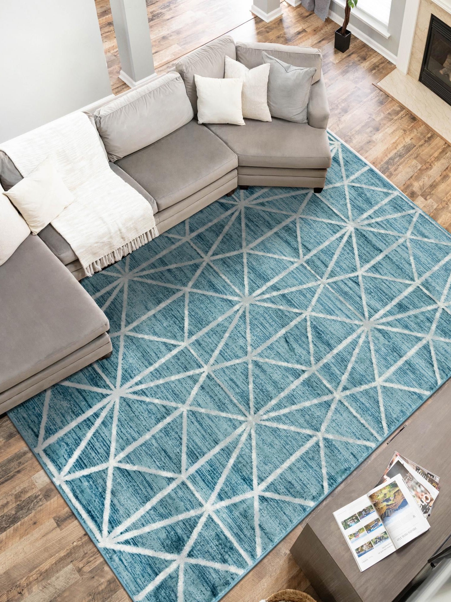 Blue 4' x 6' Matrix Trellis Rectangle Area Rug 100% Polyester Geometric Pattern Modern Carpet for Living, Dining, Bedroom, Office for Sale at Rug Engine