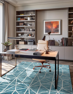 Blue 4' x 6' Matrix Trellis Rectangle Area Rug 100% Polyester Geometric Pattern Modern Carpet for Living, Dining, Bedroom, Office for Sale at Rug Engine