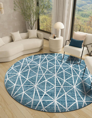 Blue 3' 3 x 3' 3 Matrix Trellis Round Area Rug 100% Polyester Geometric Pattern Modern Carpet for Living, Dining, Bedroom, Office for Sale at Rug Engine