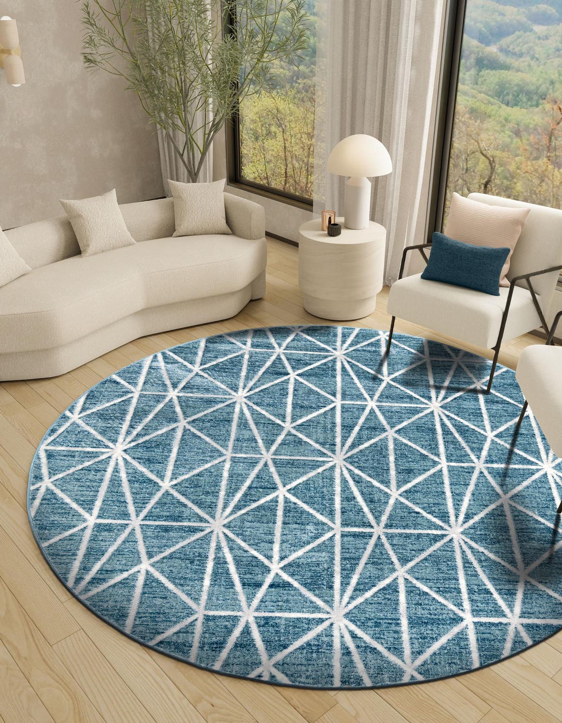 Blue 7' x 7' Matrix Trellis Round Area Rug 100% Polyester Geometric Pattern Modern Carpet for Living, Dining, Bedroom, Office for Sale at Rug Engine