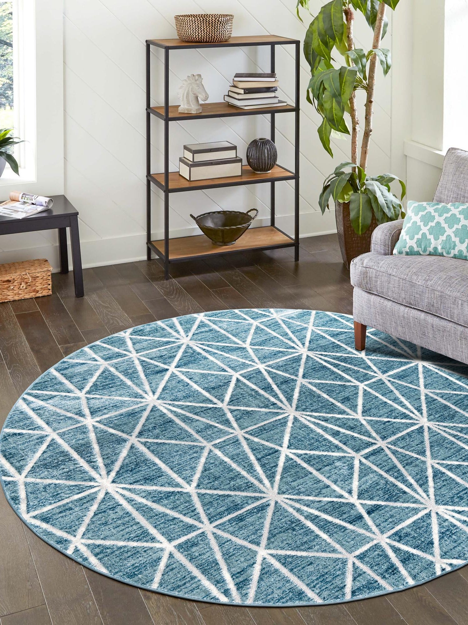 Blue 3' 3 x 3' 3 Matrix Trellis Round Area Rug 100% Polyester Geometric Pattern Modern Carpet for Living, Dining, Bedroom, Office for Sale at Rug Engine