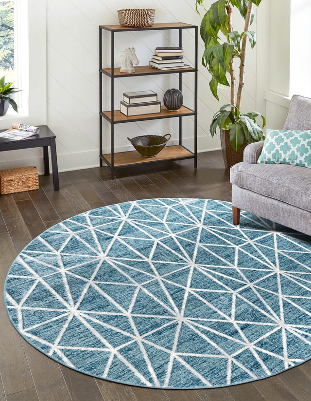 Blue 3' 3 x 3' 3 Matrix Trellis Round Area Rug 100% Polyester Geometric Pattern Modern Carpet for Living, Dining, Bedroom, Office for Sale at Rug Engine