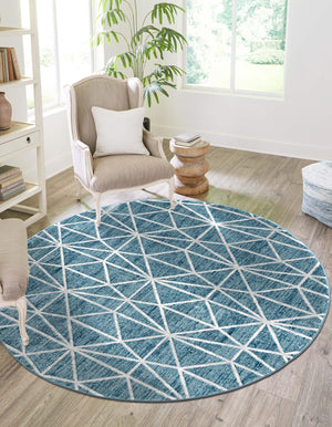 Blue 7' x 7' Matrix Trellis Round Area Rug 100% Polyester Geometric Pattern Modern Carpet for Living, Dining, Bedroom, Office for Sale at Rug Engine
