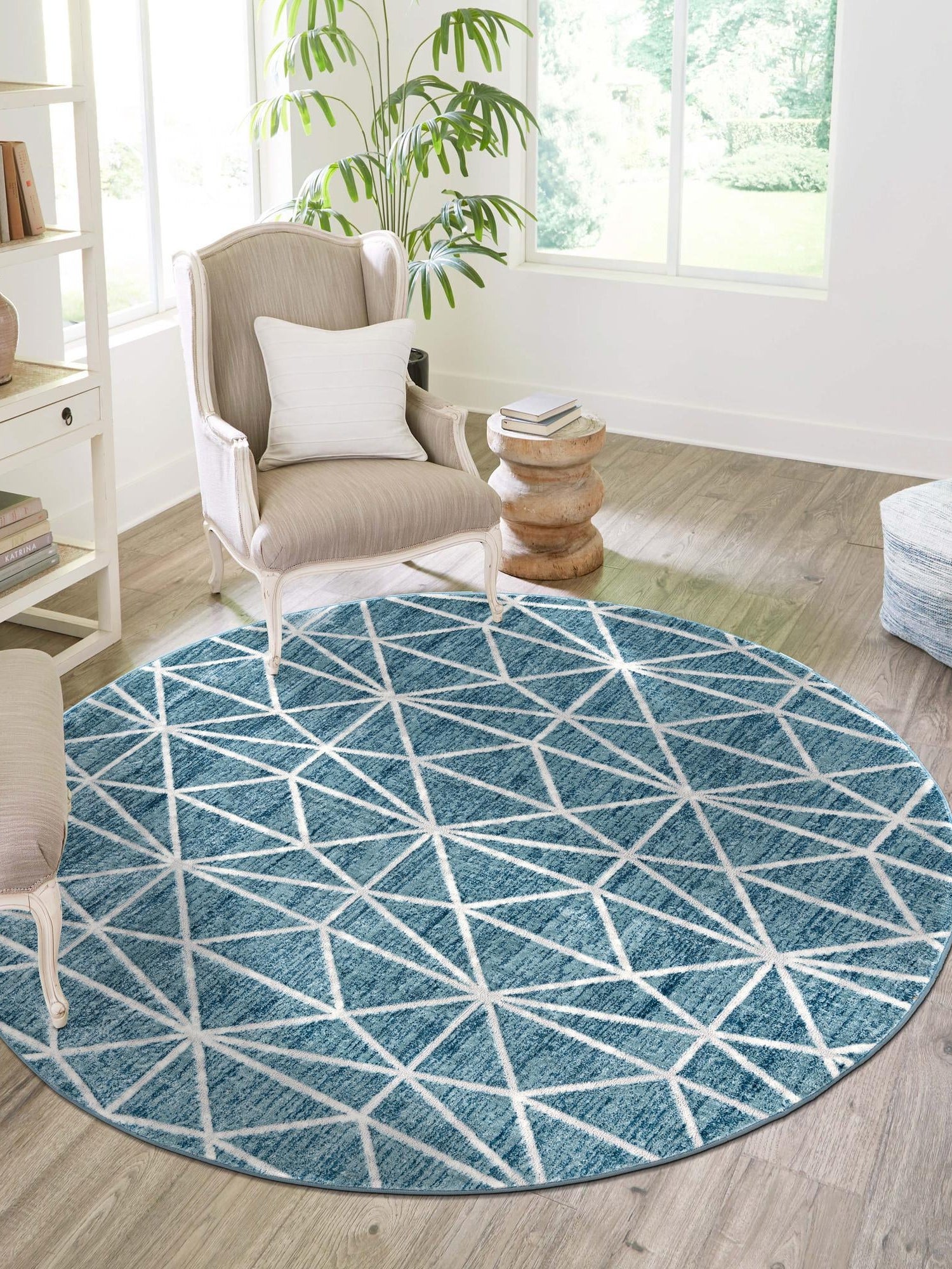 Blue 3' 3 x 3' 3 Matrix Trellis Round Area Rug 100% Polyester Geometric Pattern Modern Carpet for Living, Dining, Bedroom, Office for Sale at Rug Engine