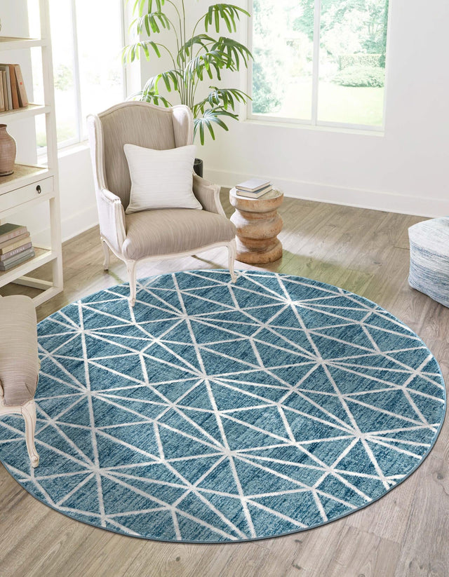 Blue 3' 3 x 3' 3 Matrix Trellis Round Area Rug 100% Polyester Geometric Pattern Modern Carpet for Living, Dining, Bedroom, Office for Sale at Rug Engine