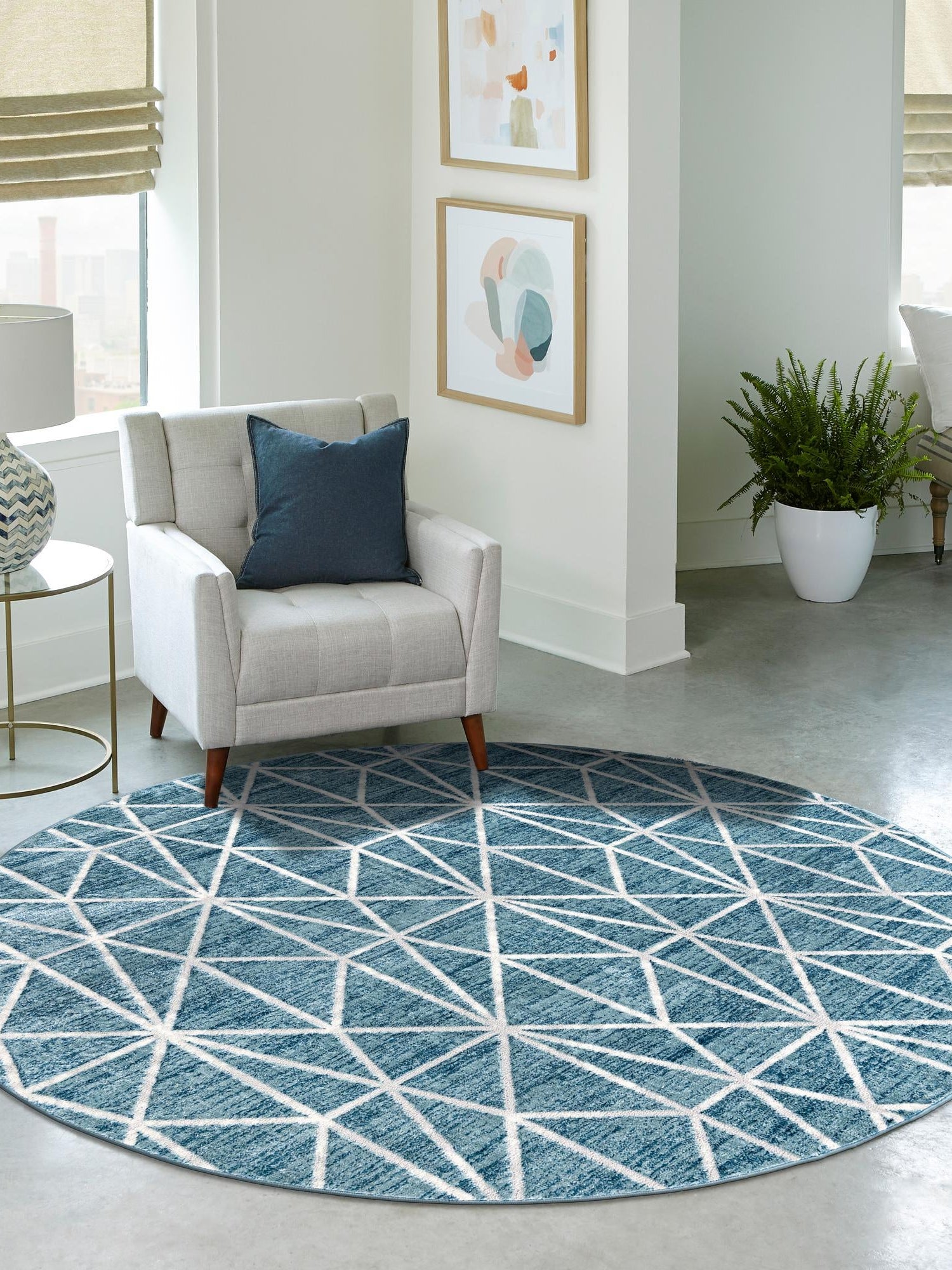 Blue 3' 3 x 3' 3 Matrix Trellis Round Area Rug 100% Polyester Geometric Pattern Modern Carpet for Living, Dining, Bedroom, Office for Sale at Rug Engine
