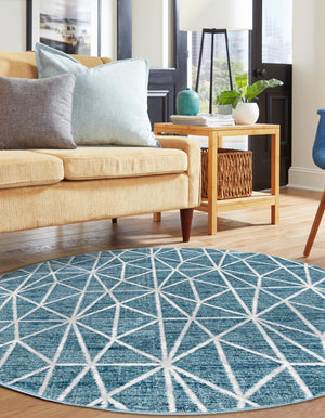Blue 7' x 7' Matrix Trellis Round Area Rug 100% Polyester Geometric Pattern Modern Carpet for Living, Dining, Bedroom, Office for Sale at Rug Engine