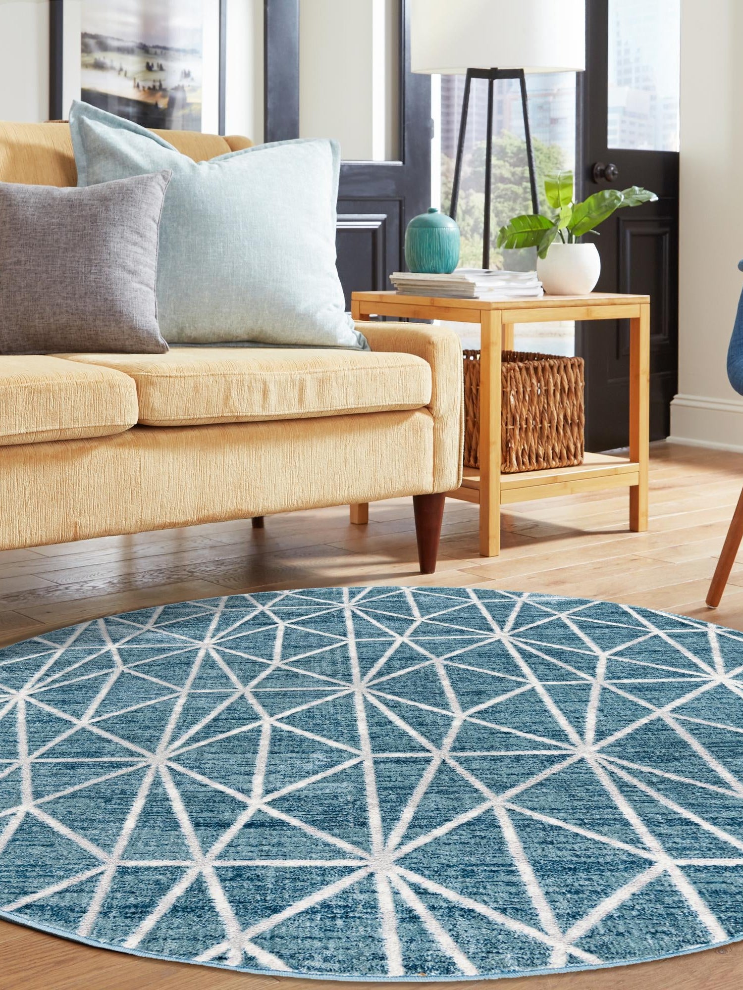 Blue 3' 3 x 3' 3 Matrix Trellis Round Area Rug 100% Polyester Geometric Pattern Modern Carpet for Living, Dining, Bedroom, Office for Sale at Rug Engine