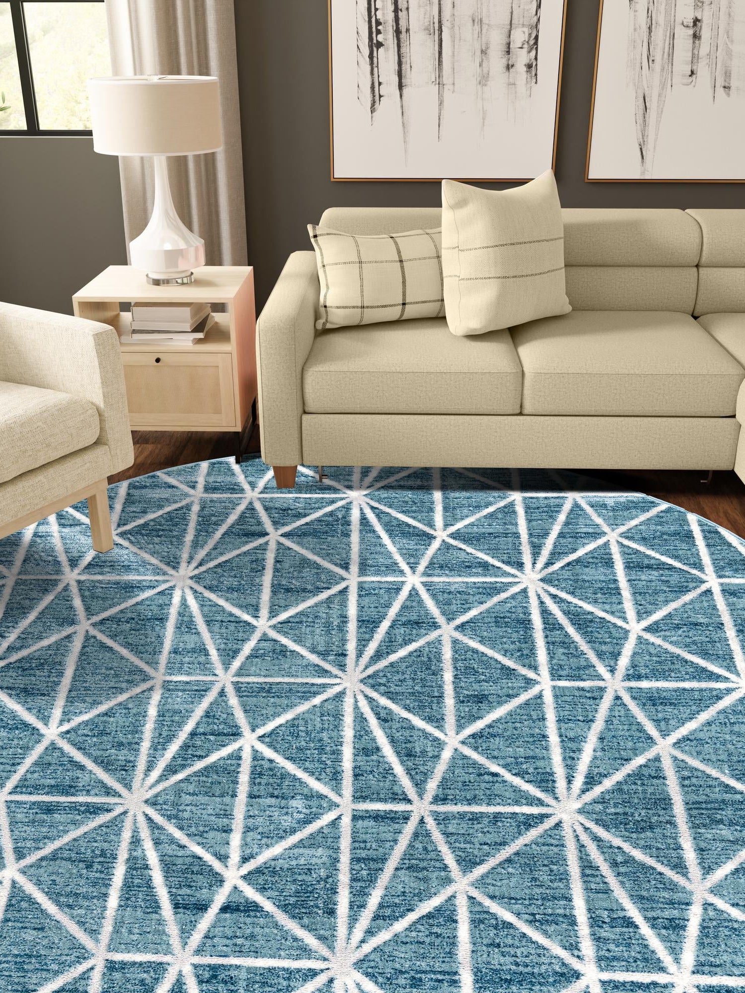 Blue 3' 3 x 3' 3 Matrix Trellis Round Area Rug 100% Polyester Geometric Pattern Modern Carpet for Living, Dining, Bedroom, Office for Sale at Rug Engine