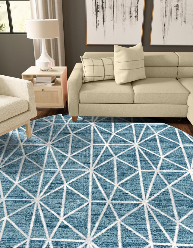 Blue 3' 3 x 3' 3 Matrix Trellis Round Area Rug 100% Polyester Geometric Pattern Modern Carpet for Living, Dining, Bedroom, Office for Sale at Rug Engine