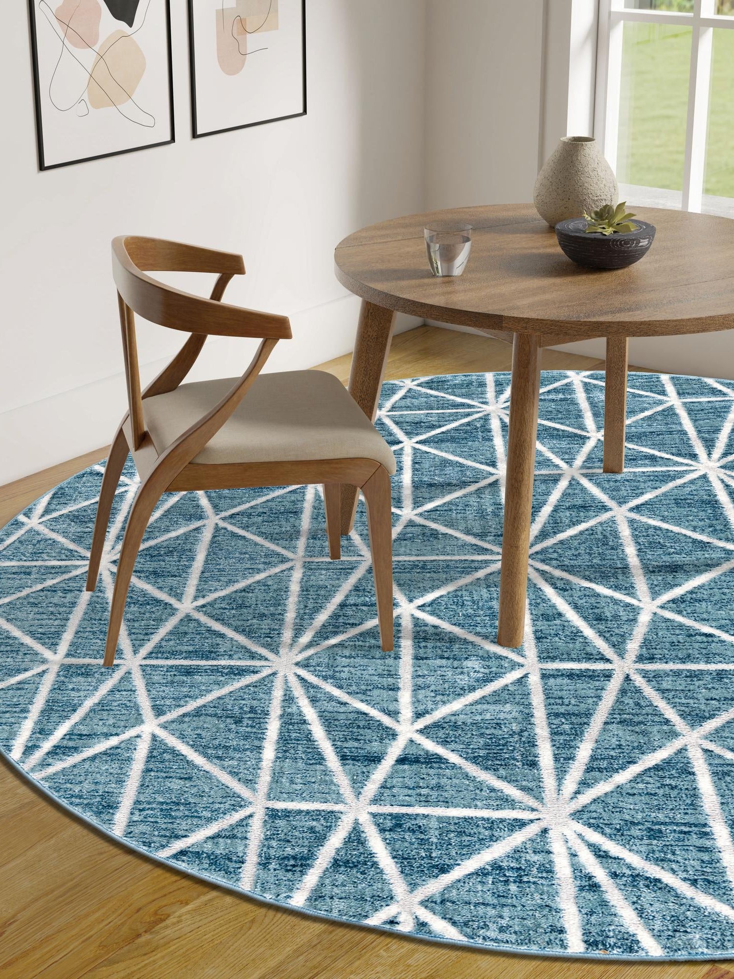 Blue 3' 3 x 3' 3 Matrix Trellis Round Area Rug 100% Polyester Geometric Pattern Modern Carpet for Living, Dining, Bedroom, Office for Sale at Rug Engine