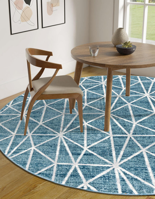 Blue 3' 3 x 3' 3 Matrix Trellis Round Area Rug 100% Polyester Geometric Pattern Modern Carpet for Living, Dining, Bedroom, Office for Sale at Rug Engine